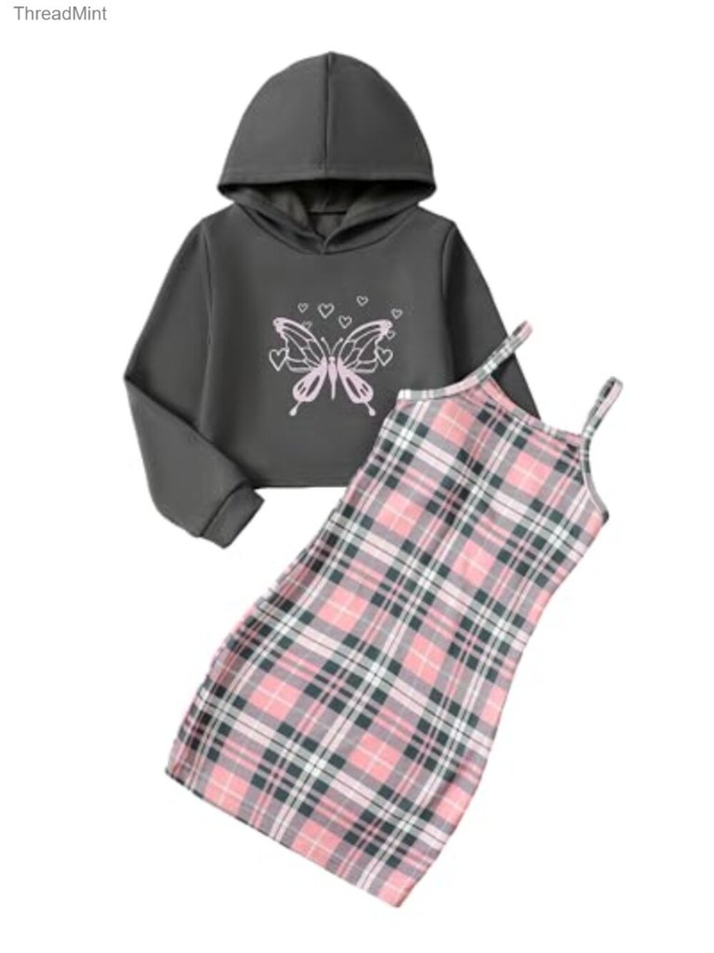 Girls 2 Piece Outfit Cami Dress & Hoodie Set | Skirt Set, Plaid, Long Sleeve